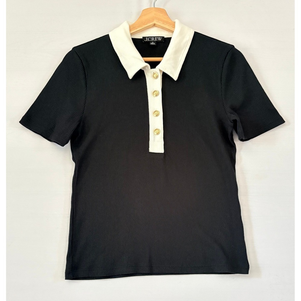 J.Crew Womens‎ Ribbed Polo Shirt Black White Gold Crest Button Short Sleeve Med